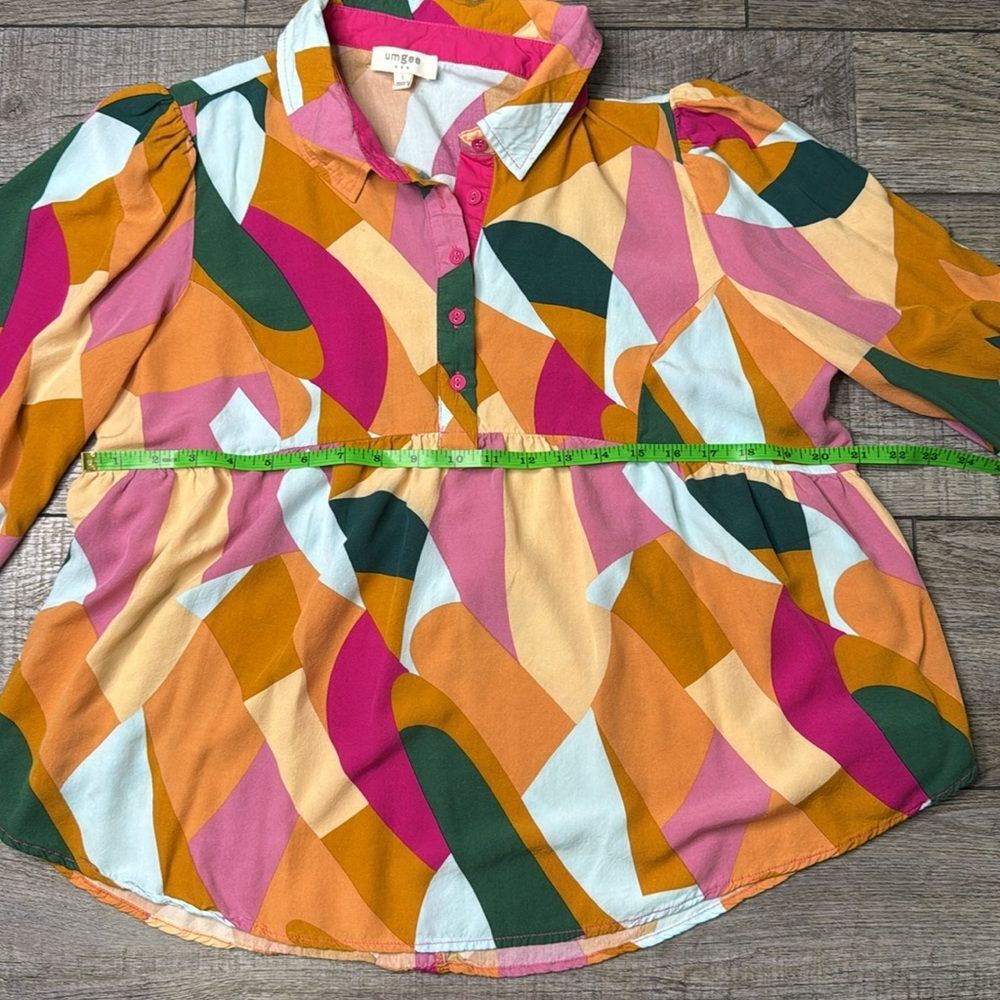 Umgee Multicolor Abstract Button Down Blouse Top Tunic Orange Pink Green Large - Picture 3 of 9